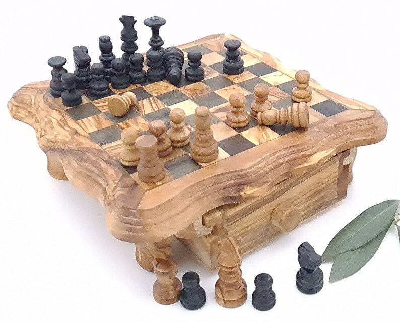 Modern chess game with olive wood storage drawers 8101-1