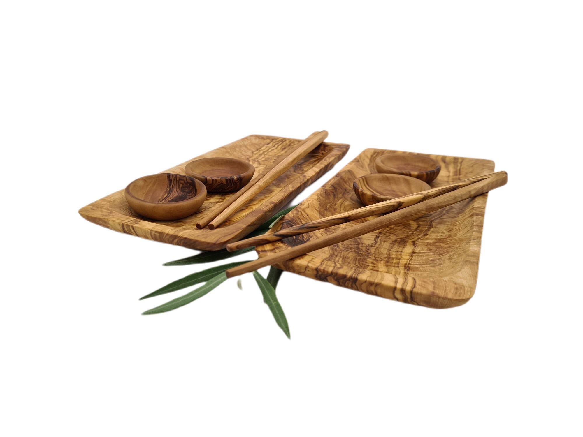 Duo de Plats à Sushis avec Petites Coupelles et Baguettes en Bois d'olivier | 6041