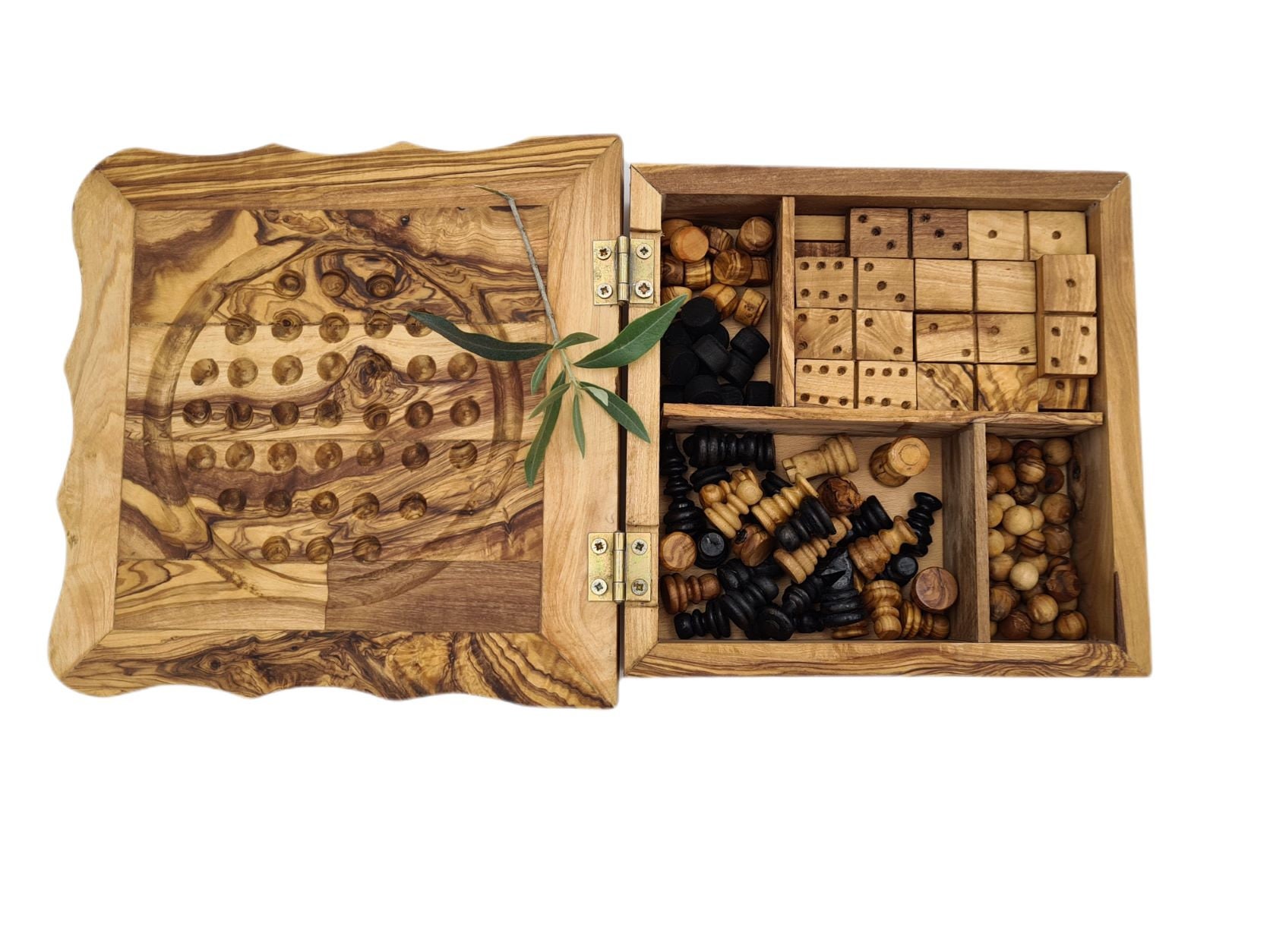 Coffret Échecs En Olivier 21,5x21,5 Cm Avec 4 Jeux - Dominos Et Dames - Bois Marron/Noir