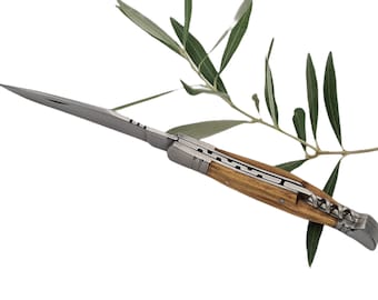 Cuchillo plegable con hoja de sacacorchos mango de acero madera de olivo (7272)