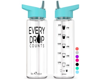 New Motivational Water Bottle Sports Time Markings tracker Bpa free flip top straw - easy carry handle - leakproof cap Be-Active