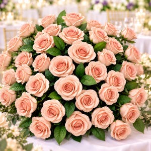 May include: A large, dense floral arrangement consisting of numerous soft peach-coloured roses with layered petals and deep green leaves. The roses are tightly packed together, creating a rounded, voluminous bouquet shape.