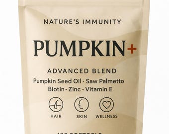 May include: A beige pouch of Nature's Immunity Pumpkin+ Advanced Blend food supplement containing 120 softgels. The label lists pumpkin seed oil, saw palmetto, biotin, zinc, and vitamin E, with icons for hair, skin, and wellness.