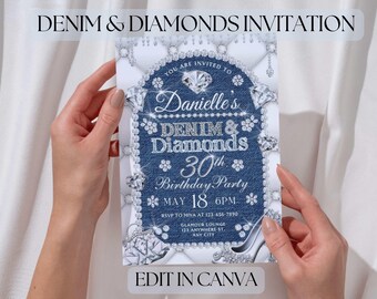 Denim and Diamonds Invitation,denim invitation,40th birthday invite,birthday flyer,50th anniversary,60th birthday invite,blue jean invite