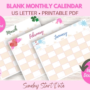 Lege afdrukbare maandkalender, blanco kalendersjabloon met zondagsstart, horizontaal pdf-formaat in US Letter-formaat, 8,5 x 11 inch
