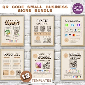 Puede incluir: Un conjunto de 12 carteles de código QR personalizables para pequeñas empresas. Los carteles presentan una variedad de diseños, que incluyen una lista de precios, un cartel de "Let's Get Social" y un cartel de "Scan to Pay". Los carteles se pueden editar en Canva.