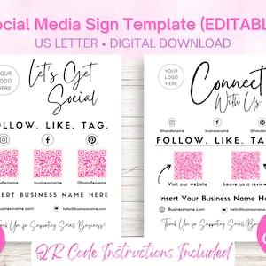 Social Media Sign Template, QR Code Sign, Let’s Get Social Sign, Editable Small Business Sign, Leave us a Review, Instagram Facebook Sign