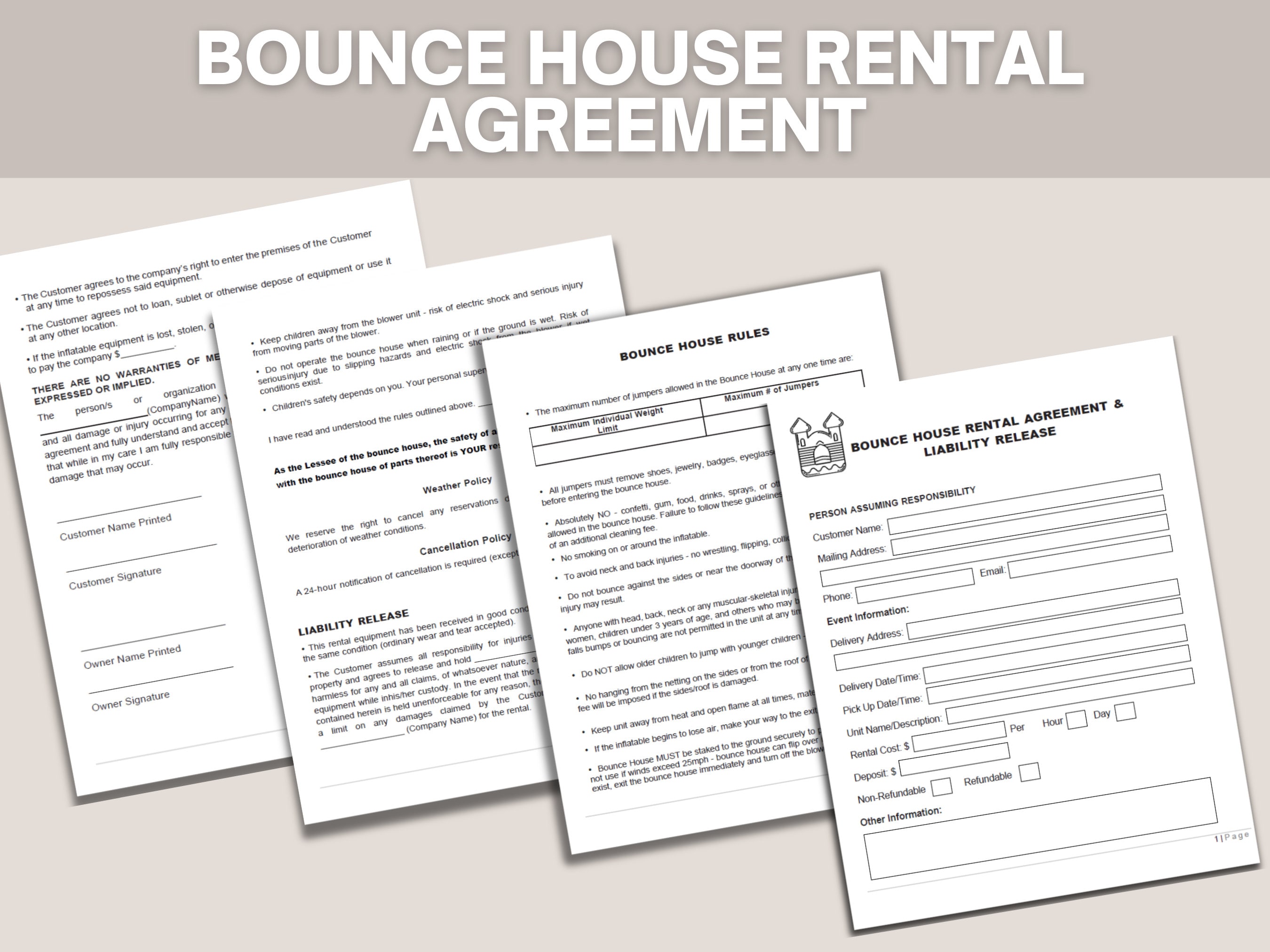 Editable Bounce House Rental Agreement, General Liability Waiver