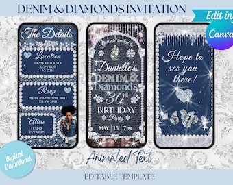 Denim and Diamonds Invitation,Blue Jeans Animated Party Invite,Glam Birthday evite, Self Edit Digital Denim & Diamonds Birthday video invite