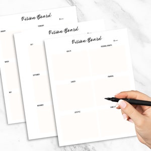 May include: Three printable vision board templates with a white background and black text. The templates are labeled "Vision Board" and include sections for health, career, lifestyle, personal growth, and finances.