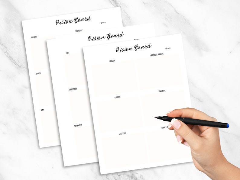May include: Three printable vision board templates with a white background and black text. The templates are labeled "Vision Board" and include sections for health, career, lifestyle, personal growth, and finances.