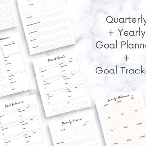 May include: Printable goal planner pages with black text on white paper. The pages include sections for quarterly, yearly, and travel goals, as well as a yearly review and a yearly planner.