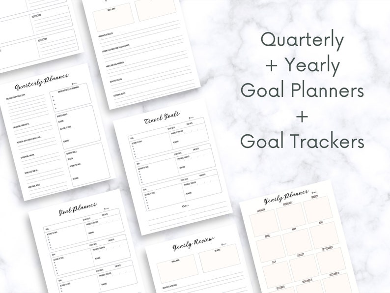 May include: Printable goal planner pages with black text on white paper. The pages include sections for quarterly, yearly, and travel goals, as well as a yearly review and a yearly planner.