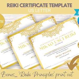 May include: Five printable Reiki certificate templates in a gold and white color scheme with ornate mandala designs. The text on the certificate reads "Certificate of Completion Mikao Usui Reiki".