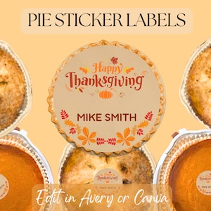 May include: Four pie boxes with Thanksgiving pie stickers. The stickers are brown with orange and red fall leaves and pumpkins. The text on the stickers says "Happy Thanksgiving" and "Mike Smith".