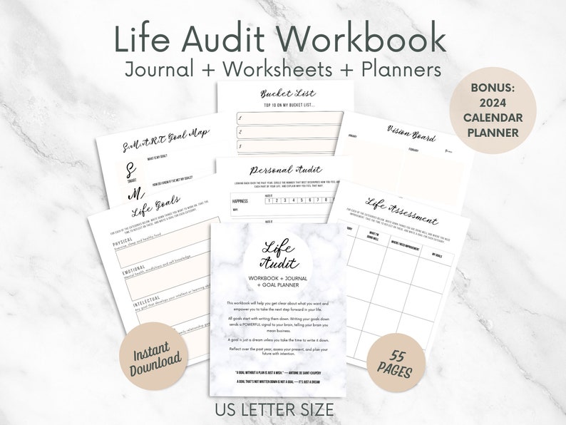 May include: A printable life audit workbook with 55 pages, featuring worksheets, planners, and a goal map. The workbook is designed to help you assess your life, set goals, and create a vision board. It also includes a bonus 2024 calendar planner.