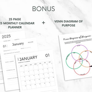 May include: A printable 25-page 2025 monthly calendar planner with a bonus Venn diagram of purpose worksheet. The calendar pages are black and white and include sections for productivity, things learned, gratitude, and things to do better. The Venn diagram worksheet is also black and white and has four overlapping circles with the words "Your Purpose" in the center.
