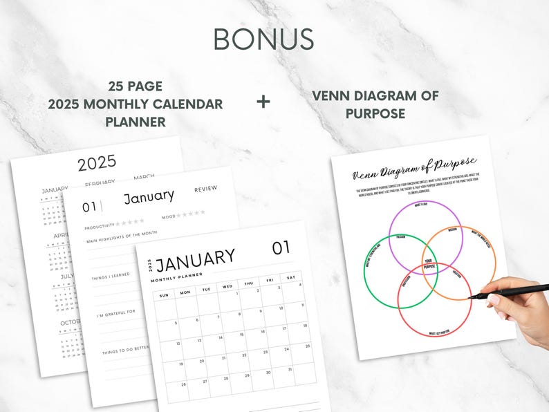 May include: A printable 25-page 2025 monthly calendar planner with a bonus Venn diagram of purpose worksheet. The calendar pages are black and white and include sections for productivity, things learned, gratitude, and things to do better. The Venn diagram worksheet is also black and white and has four overlapping circles with the words "Your Purpose" in the center.