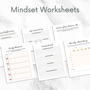 May include: A set of printable mindset worksheets with titles like "Emotional Reflections", "My Emotional Cup", "Letter from Future Me", "Energy Drainers", "Limiting Beliefs", and "Weekly Mood Diary".