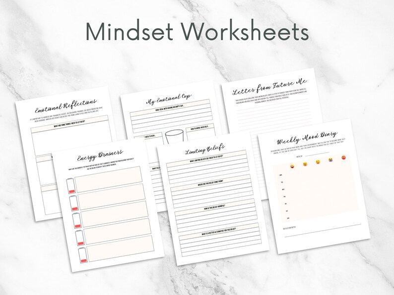 May include: A set of printable mindset worksheets with titles like "Emotional Reflections", "My Emotional Cup", "Letter from Future Me", "Energy Drainers", "Limiting Beliefs", and "Weekly Mood Diary".