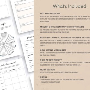 May include: A black and white printable worksheet with the title "What's Included:" and a list of items included in a goal setting workbook. The items include: Past Year Evaluation, Mindset Shifts/Identifying Limiting Beliefs, Next Steps: What Do You Want to Create in Your Life?, Goal Setting Worksheets, Goal Accountability, Notes Section, and Bonus.