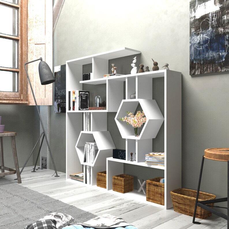 Hexagon 2 Modern Bookcase Bookshelf Shelving Unit White Etsy UK