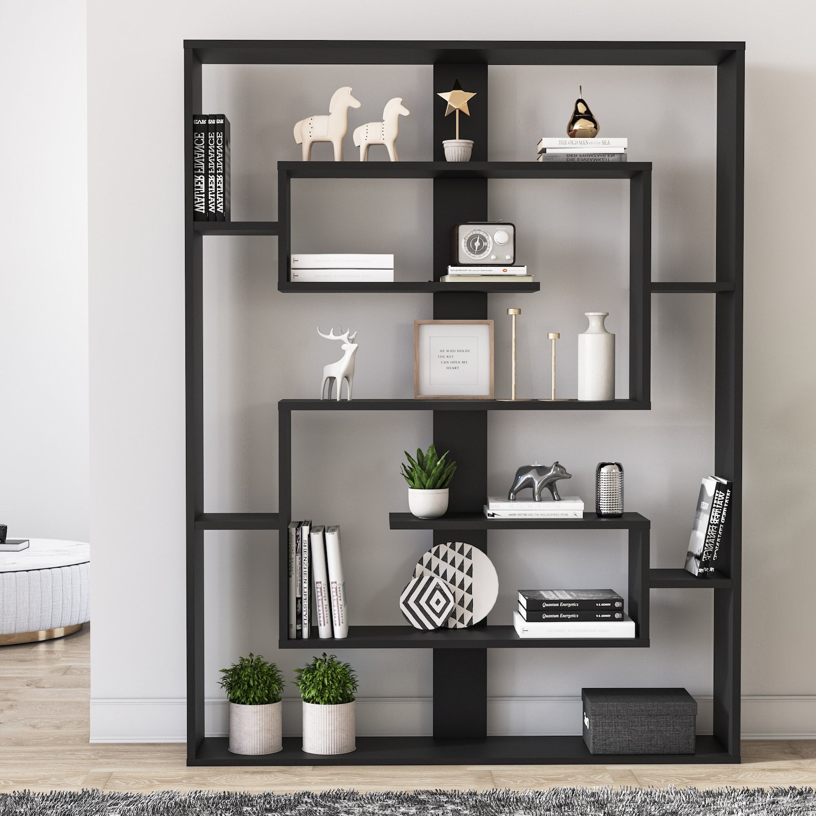 Este 5Shelf Modern Black Geometric Bookcase Bookshelf Etsy