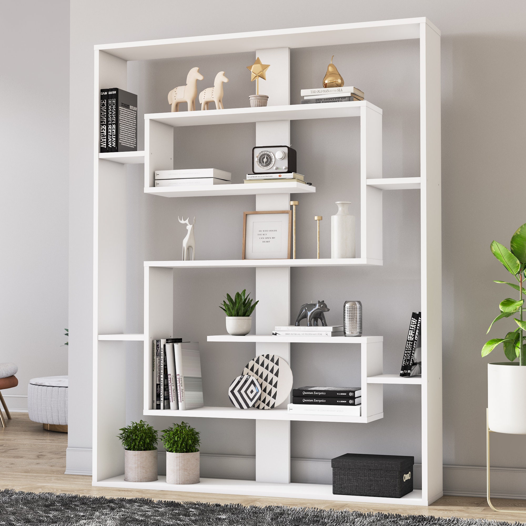 Este 5Shelf Modern White Geometric Bookcase Bookshelf Etsy