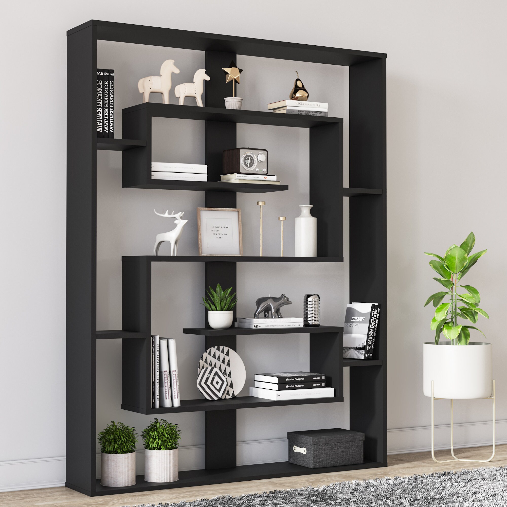Este 5Shelf Modern Black Geometric Bookcase Bookshelf Etsy