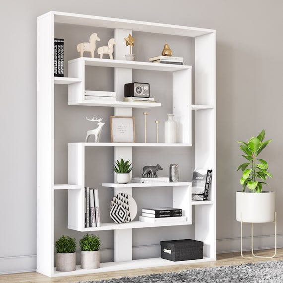 Este 5 Shelf Modern White Geometric, Modern White Bookcase With Doors