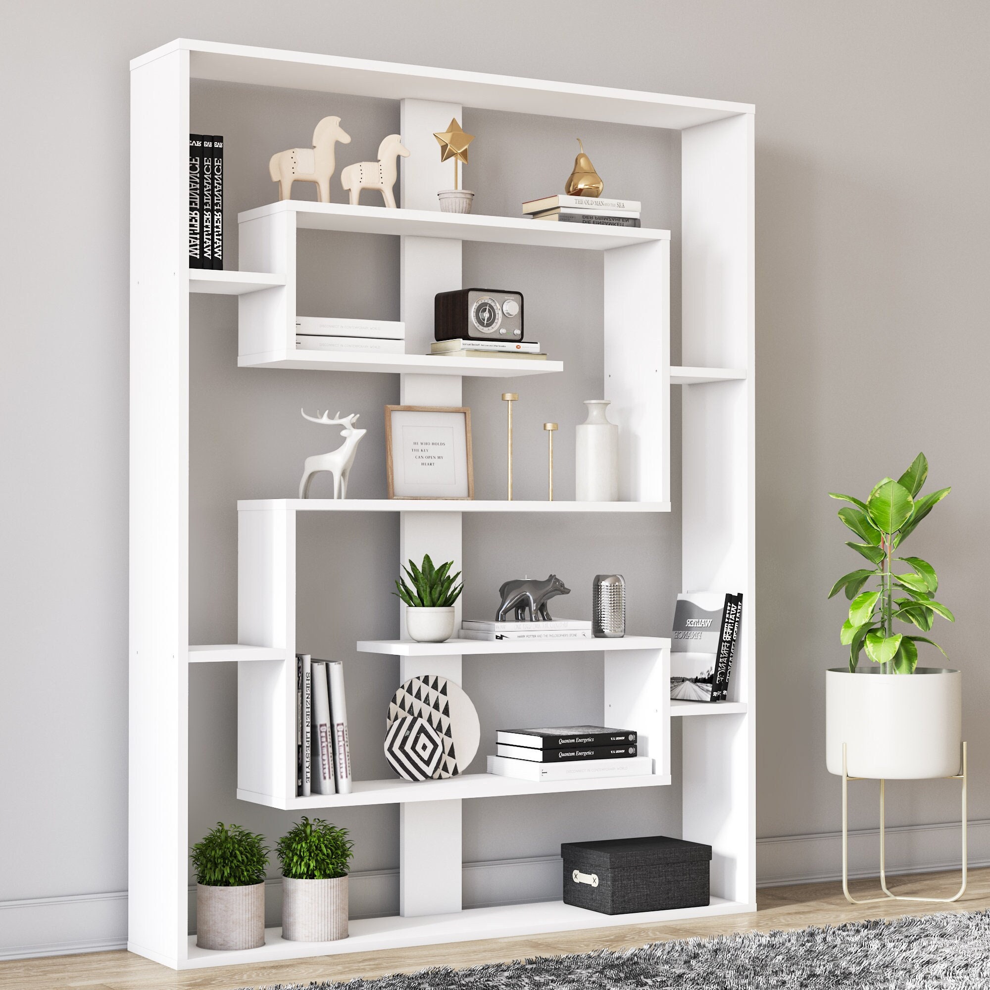 5 Shelf Modern White Geometric Bookcase, White Bookcase Shelving Unit