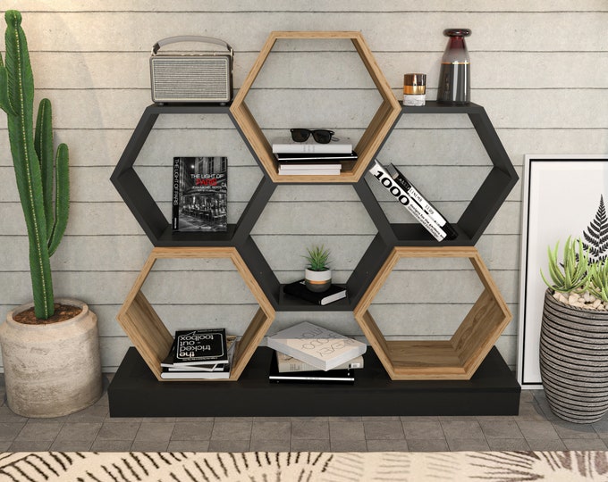 Hexagon 7 Modern Bookcase Bookshelf Shelving Unit Black Oud Etsy UK