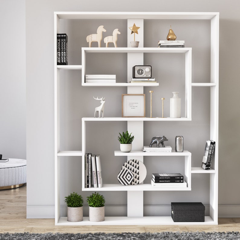 Este 5Shelf Modern White Geometric Bookcase Bookshelf Etsy