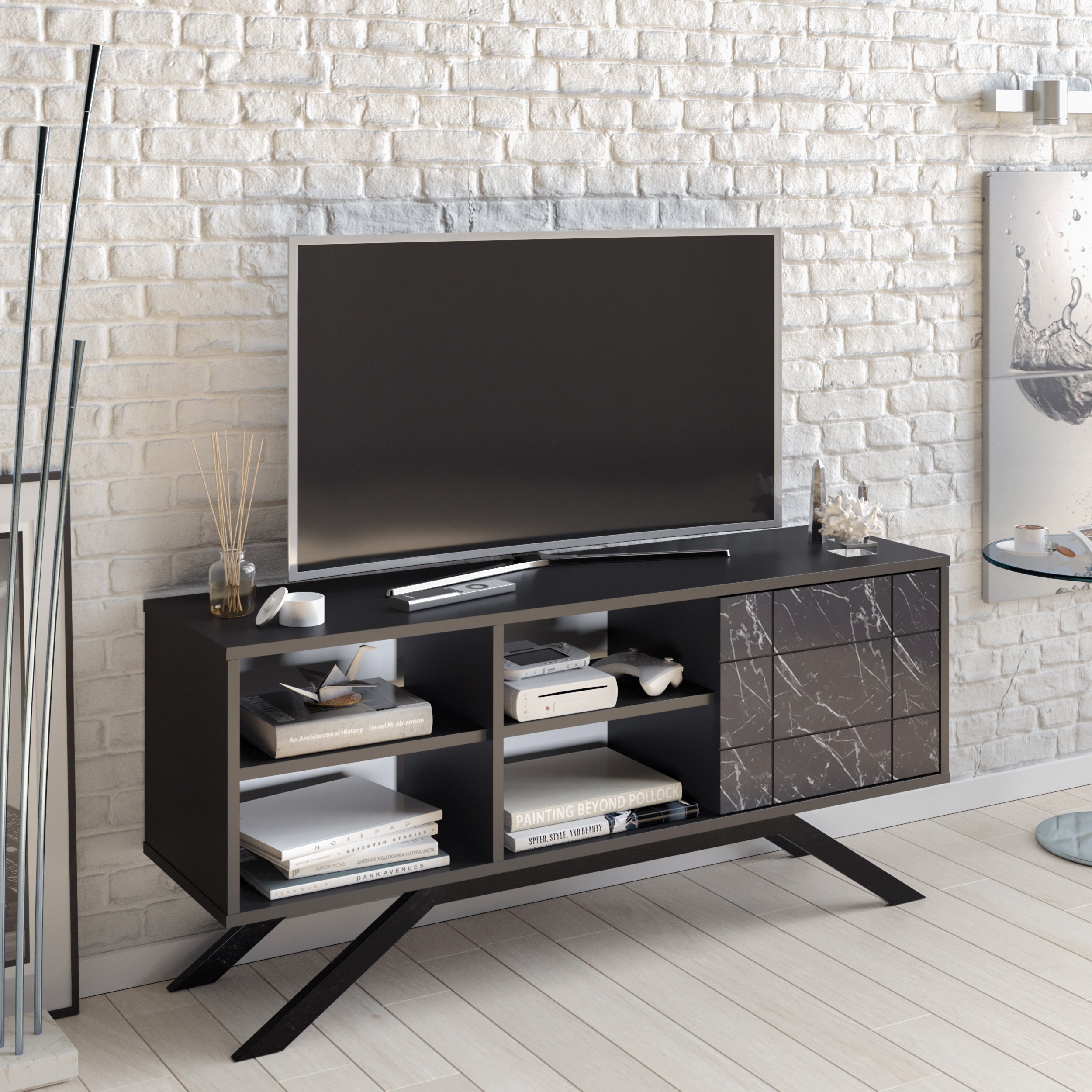 North Modern 130 Cm Wide TV Stand Console With Marble Etsy UK