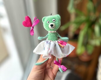 Felted teddy bear in skirt, gift for girlfriend, teddy car mirror charm, teddy hanger