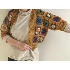 Patchwork Crop Sweater, Granny Square Crochet Afghan Short Sleeve Cardigan, Boho Hippie Unique Clothing, Vintage Inspired One Of A Kind