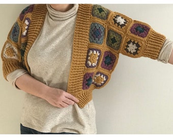 Patchwork Crop Sweater, Granny Square Crochet Afghan Short Sleeve Cardigan, Boho Hippie Unique Clothing, Vintage Inspired One Of A Kind