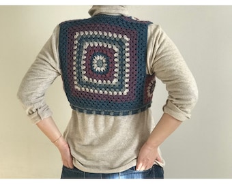 Hand Crochet Granny Square Crop Vest, Boho Afghan Cardigan