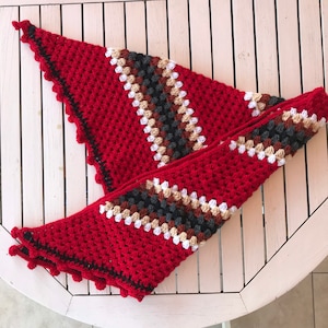 Red Crochet Triangle Scarf - Wrap - Shawl With Granny Stripes And Pompoms, Handmade, Wool, For Winter