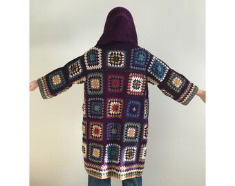 Granny Square Crochet Hooded Cardigan, Patchwork Afghan Sweater