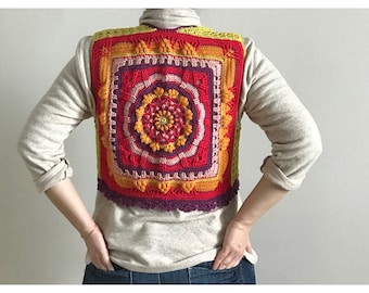 Mandala Crochet Crop Vest, Granny Square Sleeveless Cardigan, Boho Hippie Clothing