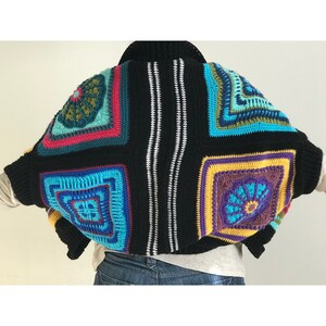 Retro Style Patchwork Crop Sweater, Granny Square Crochet Afghan Cocoon Cardigan, Boho Hippie Unique Clothing, One Of A Kind