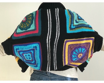 Handmade Crochet Granny Square Cardigan, Retro Patchwork Cocoon