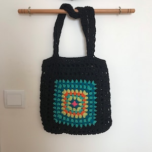 Black Net Tote Bag With Granny Squares, Chunky Crochet Mesh Bag, French Market Bag For Grocery, Farmers Market, Shopping Or Beach, Homemade