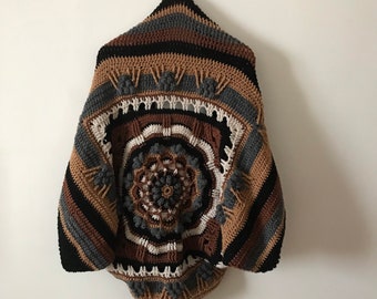 Mandala Crochet Cocoon Cardigan, Chunky Granny Square Afghan, Boho Hippie Clothing