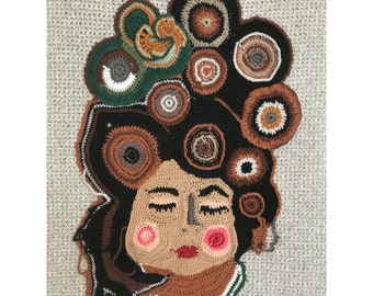 Crochet Woman Head Wall Tapestry, Handmade Cotton Art Decor
