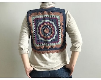 Handmade Mandala Crochet Crop Vest, Boho Granny Square Cardigan