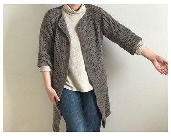 Grau – Beige Langer Pullover Cardigan, Häkeljacke, Häkeljacke, Boho Kleidung