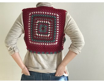 Crochet Granny Square Crop Vest, Boho Sleeveless Cardigan, One Of A Kind