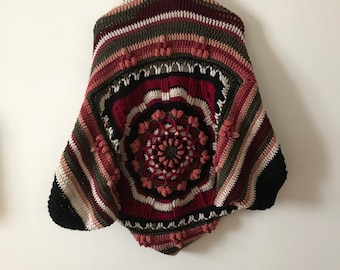 Handmade Mandala Crochet Cardigan, Chunky Afghan Cocoon, Boho Hippie Clothing